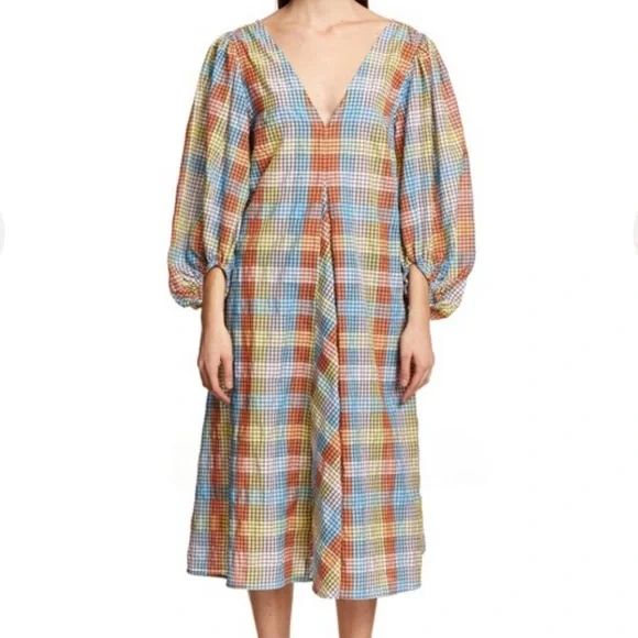 GANNI Seersucker Puff-Sleeve Dress - Picture 5 of 6